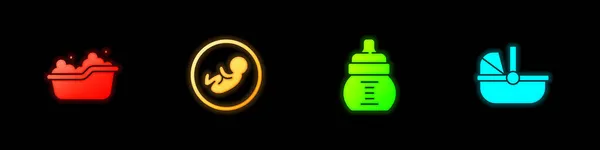 设置婴儿浴缸 瓶子和婴儿车图标 — 图库矢量图片