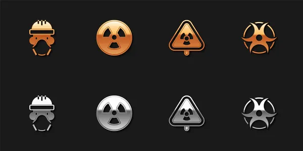 Ställ Kärnreaktor Arbetare Radioaktiv Triangel Med Strålning Och Biohazard Symbol — Stock vektor