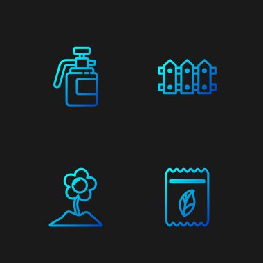 Çiçek, bahçe spreyi, gübre ve çit ahşabı tohumlarıyla dolu bir sıra oluştur. Renk simgeleri. Vektör