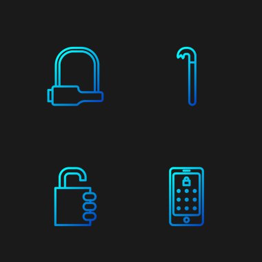 Satır Mobil ve grafik şifresini, Güvenli kombinasyon kilidini, Bisiklet ve Crowbar 'ı ayarla. Renk simgeleri. Vektör