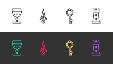 Orta Çağ Kadehi, Hançer, Eski Anahtar ve Kale Kulesi 'ni siyah ve beyaza ayarla. Vektör