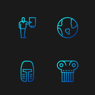 Kadim sütunu, ortaçağ demir miğferi, müze rehberi ve Dünya küresi. Renk simgeleri. Vektör