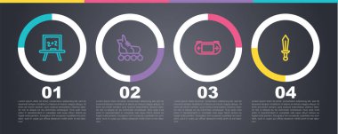 Çizgi tahtası, paten, taşınabilir video oyun konsolu ve kılıç oyuncağı. Ticari bilgi şablonu. Vektör