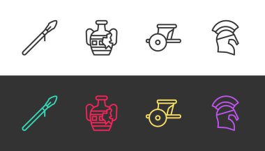 Orta Çağ mızrağı, kırık amforalar, Antik savaş arabası ve Yunan miğferi siyah beyaz. Vektör