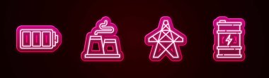 Batarya, fabrika, elektrik kulesi ve biyo yakıt varili ayarlayın. Parlayan neon ikonu. Vektör
