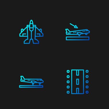 Havaalanı pisti, uçak, savaş uçağı ve iniş pistini ayarlayın. Renk simgeleri. Vektör