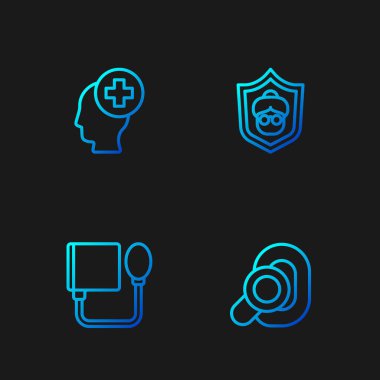 Hattı belirle işitme cihazı, tansiyon, hastaneli erkek kafa ve büyükanne. Renk simgeleri. Vektör