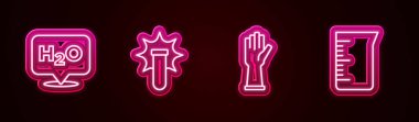 H2O, patlama, tıbbi lastik eldivenler ve laboratuvar cam deney şişesi için kimyasal formül ayarlayın. Parlayan neon ikonu. Vektör