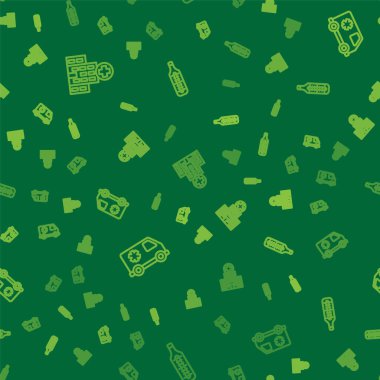 Hat hattı, hastane binası, acil servis arabası ve termometreyi kusursuz şekilde ayarlayın. Vektör