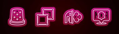 Dikiş için Thimble, kumaş rulosu, elektrikli demir ve deri. Parlayan neon ikonu. Vektör