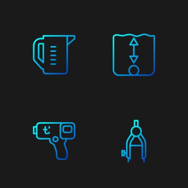 Çizgi çizme pusulayı, dijital termometreyi, ölçüm kabını ve derinliği ayarla. Renk simgeleri. Vektör