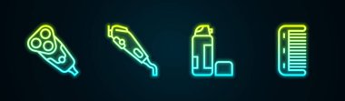 Elektrikli tıraş bıçağı, elektrikli saç makası tıraş köpüğü ve saç fırçası. Parlayan neon ikonu. Vektör