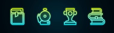 Satır kitabı, alarm zili, ödül kupası ve... Parlayan neon ikonu. Vektör