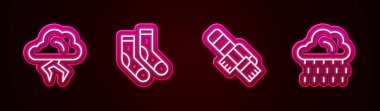 Fırtına, Çorap, Kış Atkısı ve Yağmurlu Bulut hattını ayarlayın. Parlayan neon ikonu. Vektör