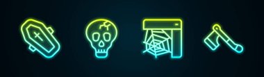 Çizgiyi çapraz, Kafatası, Örümcek ağı ve tahta baltayla belirleyin. Parlayan neon ikonu. Vektör