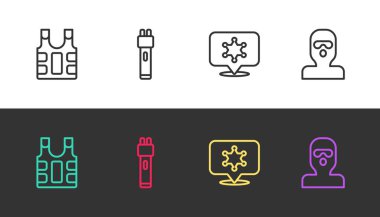 Kurşun geçirmez yelek, elektrik şoku, polis şerifi ve hırsız maskesi siyah beyaz. Vektör