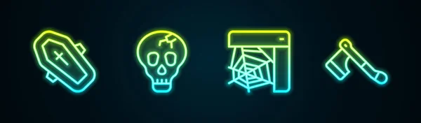 Set Line Coffin Cross Skull Spider Web Wooden Axe Glowing — Stock Vector