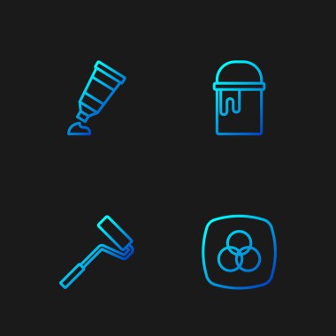 RGB ve CMYK renk karışımı, boya fırçası, boya paleti ve kovayla tüp. Renk simgeleri. Vektör