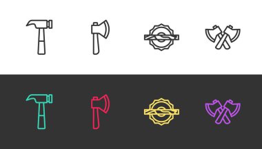 Çizgi çekiç, tahta balta, elektrikli testere ve siyah beyaz. Vektör