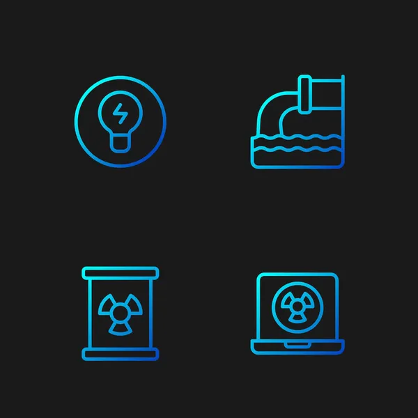 Set Line Nucleaire Laptop Radioactief Afval Vat Gloeilamp Met Concept — Stockvector