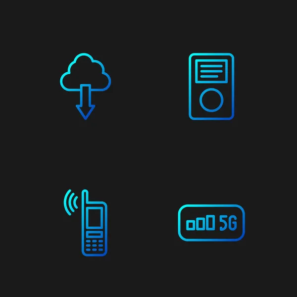 Set Line Wireless Internet Mobile Cloud Download Music Player Gradient — Stock Vector