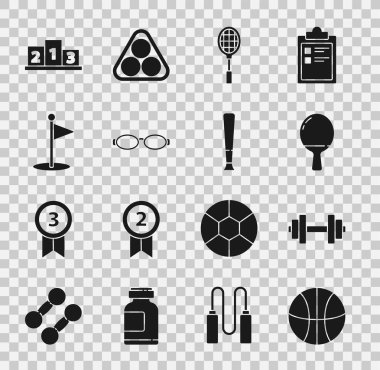 Basketbol, Dumbbell, raket, masa tenisi, tenis raketi, gözlüklü yüzme, golf bayrağı, spor şampiyonu podyumu ve beysbol sopası ikonu ödülü. Vektör