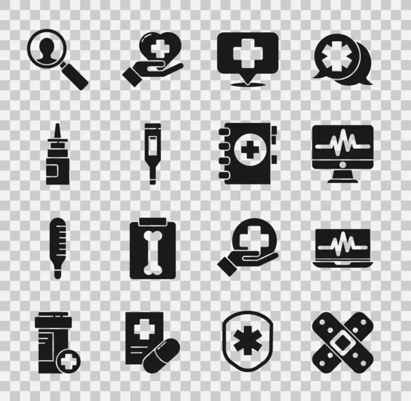 Set Gekruiste pleister, Laptop met cardiogram, Monitor, Kaartaanwijzer kruis ziekenhuis, Medische digitale thermometer, Flesneusspray, analyse en klembord pictogram. Vector — Stockvector