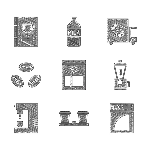 Set Bolsa de granos de café, taza de café para llevar, filtro de papel, amoladora eléctrica, máquina, camión de la calle y libro icono. Vector — Archivo Imágenes Vectoriales