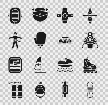 Tırmanış halatı, kaykay, kar arabası, dizlik, boks eldiveni, bungee jumping, Rafting botu ve Formula 1 yarış arabası ikonu. Vektör