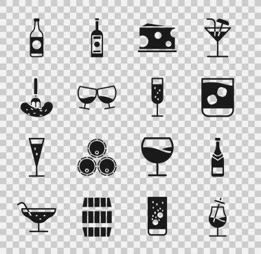 Kokteyl, şampanya şişesi, bir bardak viski, peynir, konyak ya da brendi çatallı salatalık, bira ve şampanya ikonu. Vektör