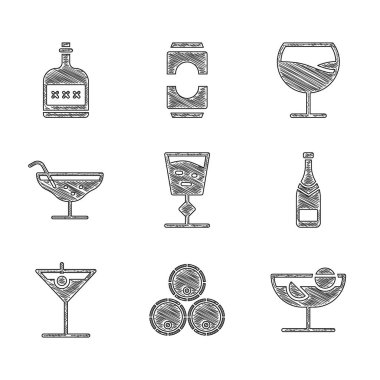 Şarap kadehi, tahta fıçılar, Kokteyl, Şampanya şişesi, Martini ve alkollü içki ikonu. Vektör