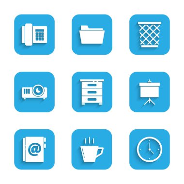 Belgeler, kahve fincanı, saat, tebeşir tahtası diyagramı, adres defteri, film, film, medya projektörü, çöp kutusu ve telefon ikonu olan bir çekmece ayarla. Vektör