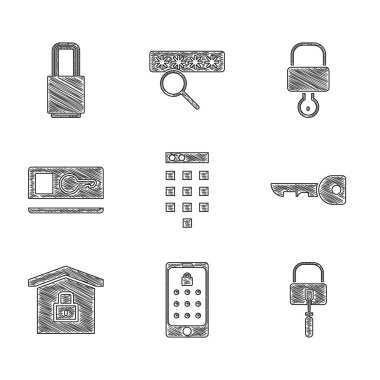 Şifre koruması, mobil ve grafik parola, kilit açma için kilit açma, Anahtar, Ev, kart, anahtar ve simge ayarlayın. Vektör