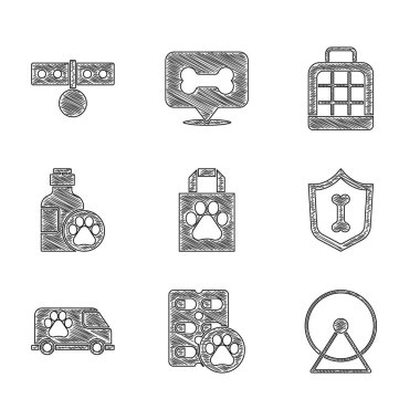 Alış veriş torbası, köpek hapı, hamster tekerleği, hayvan sağlığı sigortası veteriner ambulansı, evcil hayvan şampuanı, çanta ve isim etiketi ikonlu tasma. Vektör