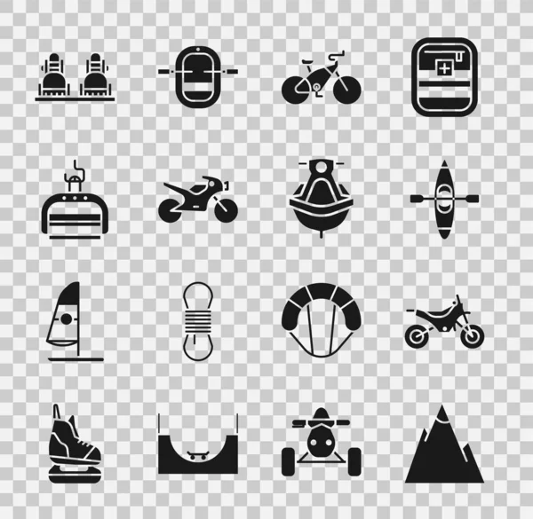 Set Berg, cykel, Kajak eller kanot, Cykel, Motorcykel, Skidlift, Snowboard och Jet ski ikon. Vektor — Stock vektor
