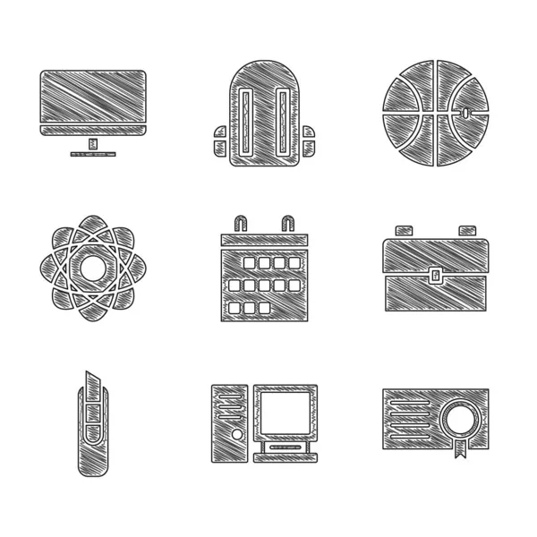 Establecer calendario, monitor de computadora, plantilla de certificado, mochila escolar, cuchillo de papelería, átomo, pelota de baloncesto e icono de la pantalla. Vector — Archivo Imágenes Vectoriales