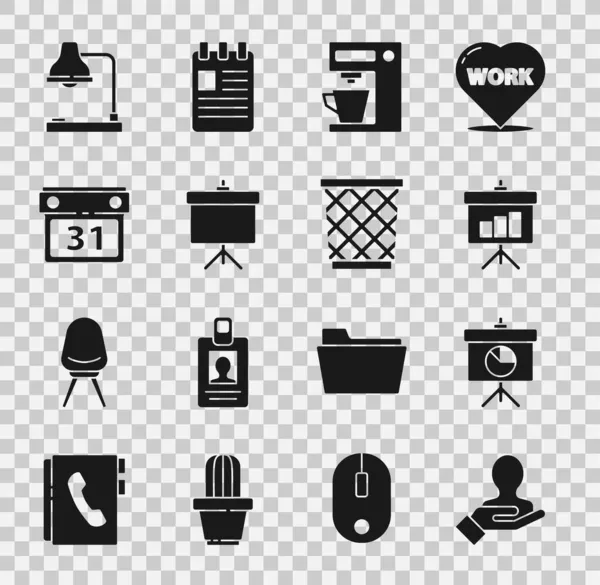 Set Hand for search a people, Tafel mit Diagramm, Kaffeemaschine, Kalender, Tischlampe und Mülleimersymbol. Vektor — Stockvektor