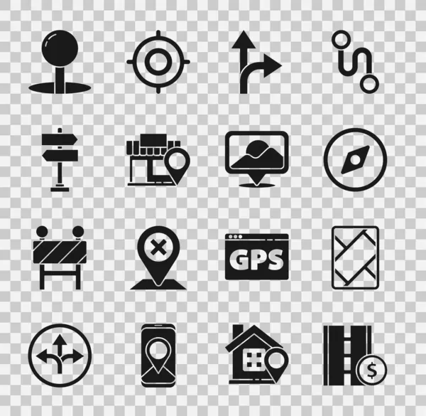 Definir sinal de trânsito de portagem, dispositivo Gps com mapa, Bússola, Estrada, loja de localização, Push pin e ícone. Vetor — Vetor de Stock