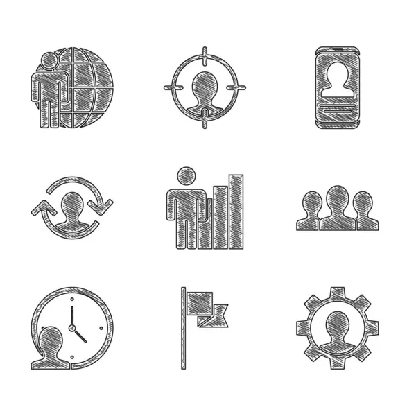 Set Productive human, Location marker, Human with gear, Users group, Time Management, resources, Mobile resume and Head hunting icon. Vector — Stock Vector