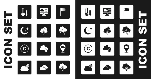 Koni rüzgâr gülünü, karlı ve güneşli bulutu, ay yıldızlarını, meteoroloji termometresini, yağmur yıldırımını, hava tahminini, konum bulutunu ve Celsius ikonunu ayarla. Vektör — Stok Vektör