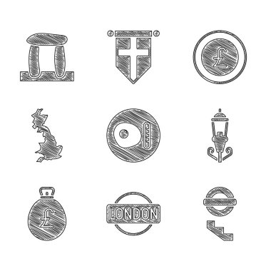 İngiliz kahvaltısı, Londra tabelası, yeraltı, Vintage sokak lambası, sterlinli para çantası, İngiltere haritası, bozuk para ve Stonehenge ikonu. Vektör