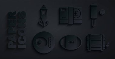 Rugby topu, kriket sopası, İngiliz kahvaltısı, tahta fıçı, sterlin ve klasik sokak lambası ikonu. Vektör