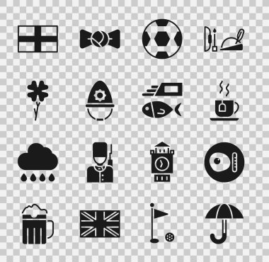 Şemsiye, İngiliz kahvaltısı çay poşeti, futbol topu, polis kaskı, dört yapraklı yonca, İngiltere bayrağı ve balık kızartması ikonu. Vektör