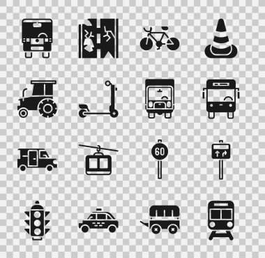 Tren ve demiryolu, trafik levhası, otobüs, bisiklet, scooter, traktör ve kargo kamyonu ikonu. Vektör