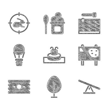 Fountain, Tree, Seesaw, lunapark reklam panosu, bilet, sıcak hava balonu, oyun makinesi ve hedef tahtası olan av tavşanı. Vektör