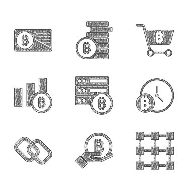 Server bitcoin, Hand holding Bitcoin, Blockchain teknolojisi, saat, zincir linki, pasta grafiği bilgisi, alışveriş arabası ve kredi kartı simgesi ile ayarla. Vektör