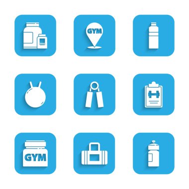 Spor açıcı, torba, fitness karıştırıcı, eğitim programı, spor beslenmesi, Kettlebell ve ikon. Vektör