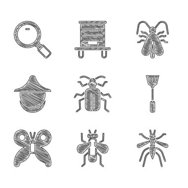 Chafer Beetle, Böcek Sineği, Sivrisinek, Sinek Swatter, Kelebek, Arıcı şapkası, Giysi Güvesi ve Büyüteç ikonu. Vektör