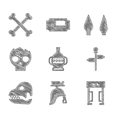 Antik amforalar, Roma askeri miğferi, metal dedektör, trafik levhası, dinozor kafatası, kırık insan, taş devri ok başı ve çapraz kemik ikonu. Vektör