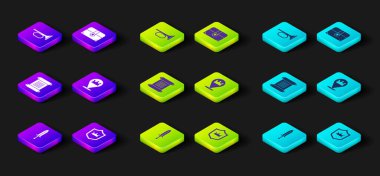 Ortaçağ kılıcı, taç ile kalkan, ferman, parşömen, parşömen, konum kralı, antik hazine sandığı ve trompet ikonu. Vektör